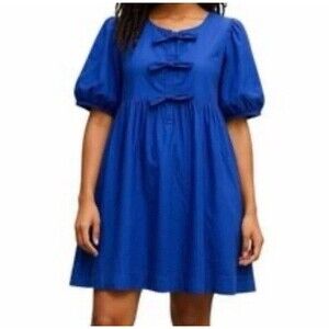Band of the Free Blue Babydoll Mini Dress Puff Sleeve Bow Tie Pockets Cotton  M